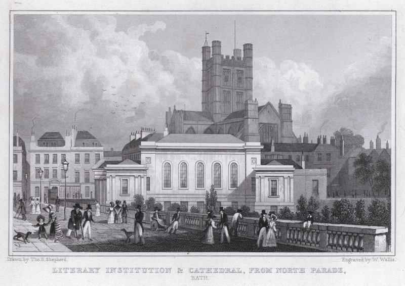 Instytucja Literacka i Katedra, z North Parade, Bath (rycina) autorstwa Thomas Hosmer Shepherd