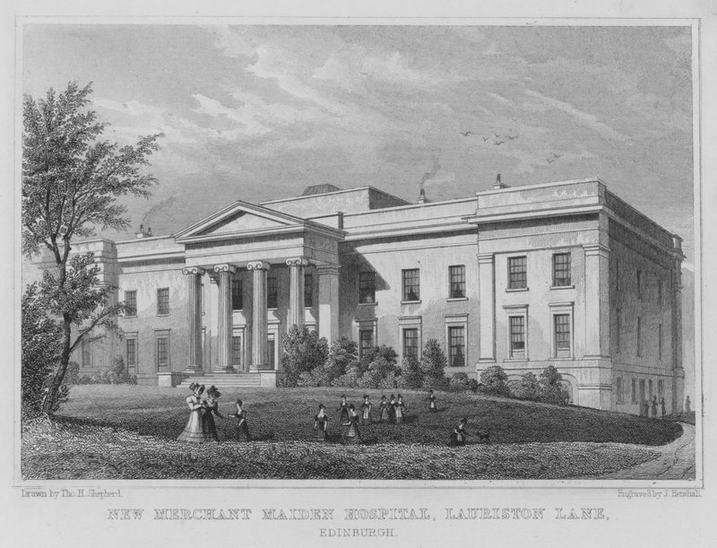 Nowy szpital Merchant Maiden, Lauriston Lane, Edynburg (grawerowanie) autorstwa Thomas Hosmer Shepherd