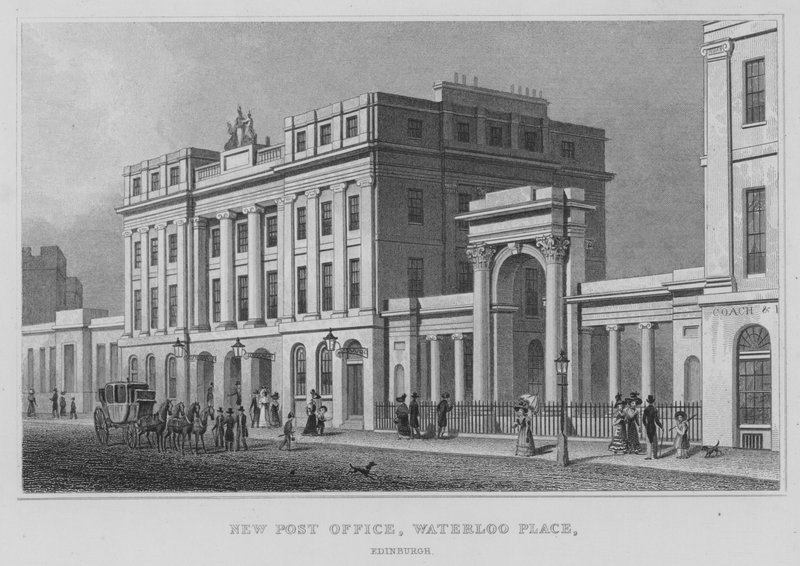 Nowa poczta, Waterloo Place, Edynburg (grawerowanie) autorstwa Thomas Hosmer Shepherd