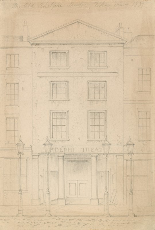 Oryginalny szkic ołówkiem Teatru Adelphi w Londynie autorstwa Thomasa H. Shepherd autorstwa Thomas Hosmer Shepherd