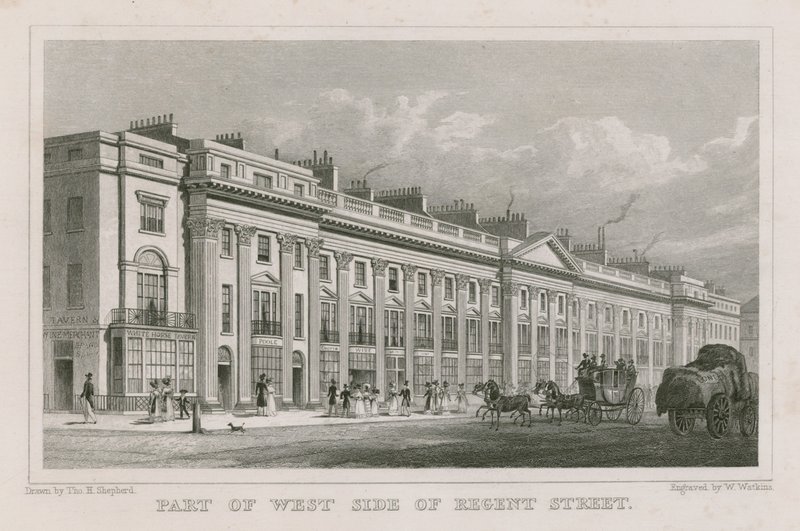 Część zachodniej strony Regent Street, Londyn autorstwa Thomas Hosmer Shepherd
