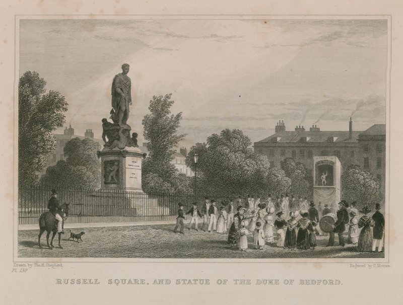 Russell Square i pomnik księcia Bedford autorstwa Thomas Hosmer Shepherd