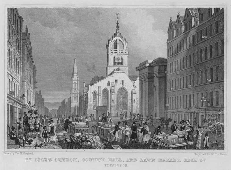 St Giles Church, County Hall i Lawn Market, High Street, Edynburg (grawerowanie) autorstwa Thomas Hosmer Shepherd