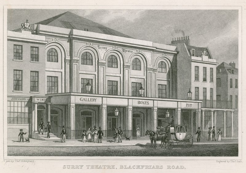 Surrey Theatre, Blackfriars Road, Londyn (grawerowanie) autorstwa Thomas Hosmer Shepherd