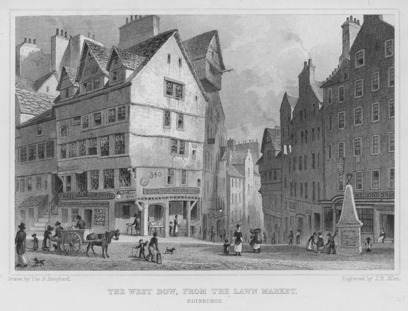 The West Bow, z targu trawników, Edynburg (grawerowanie) autorstwa Thomas Hosmer Shepherd