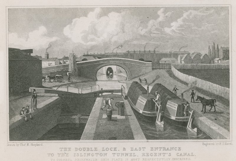 Podwójna śluza i wschodnie wejście do tunelu Islington autorstwa Thomas Hosmer Shepherd