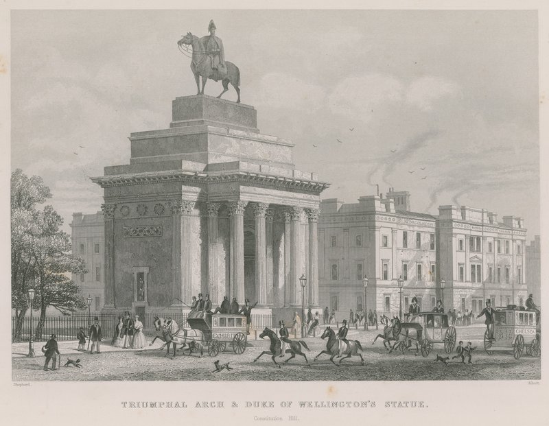 Łuk Triumfalny i pomnik księcia Wellingtona, Constitution Hill, Hyde Park, Londyn autorstwa Thomas Hosmer Shepherd