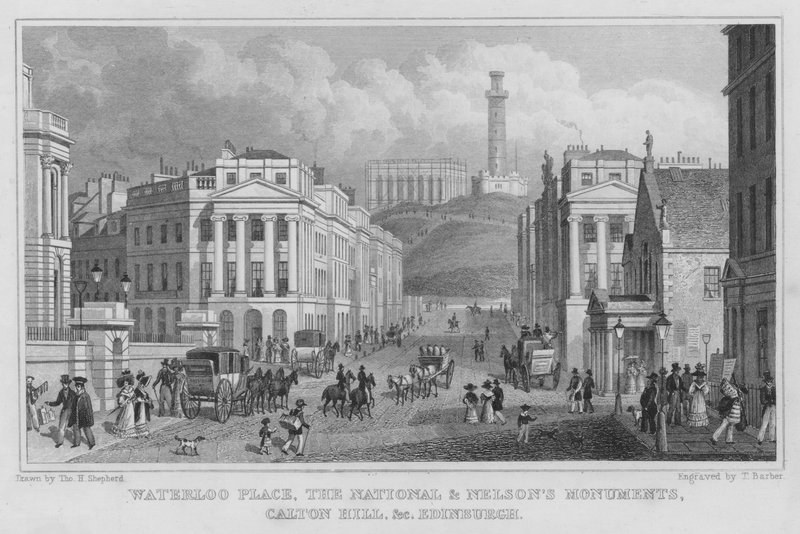Waterloo Place, pomniki narodowe i pomniki Nelsona, Calton Hill itp., Edynburg (rycina) autorstwa Thomas Hosmer Shepherd