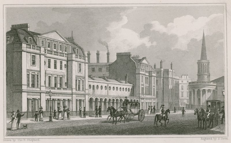 Zachodnia strona Langham Place, Marylebone, Londyn, w tym kościół All Souls autorstwa Thomas Hosmer Shepherd