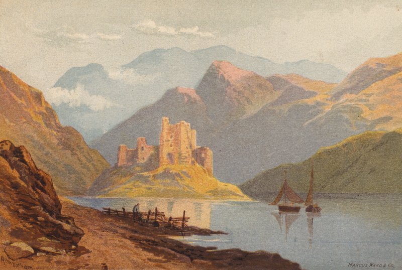 Szkocja, Zamek Eilean-Donan (kolor lito) autorstwa Thomas Leeson the Elder Rowbotham
