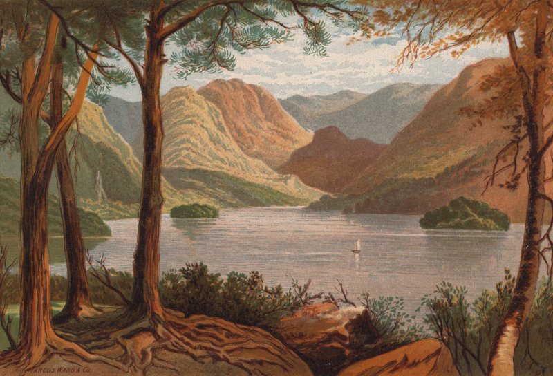 Angielskie jeziora, Derwentwater (kolor lito) autorstwa Thomas Leeson the Elder Rowbotham