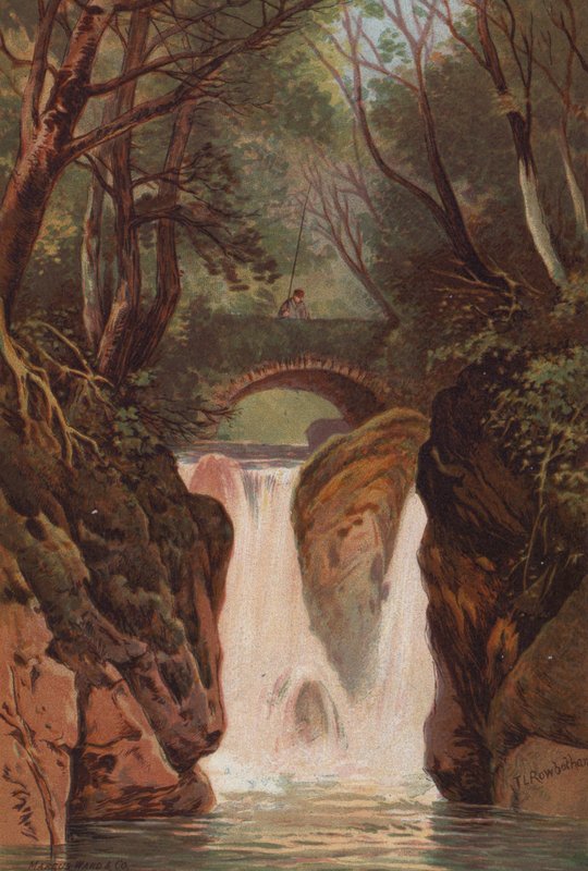 Angielskie Jeziora, Rydal Falls (kolor lito) autorstwa Thomas Leeson the Elder Rowbotham
