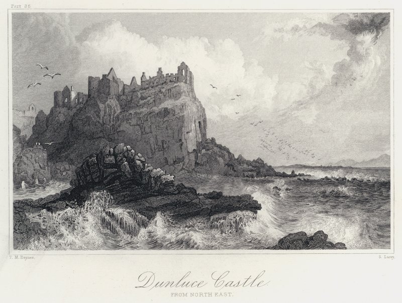 Zamek Dunluce, z północnego wschodu (rycina) autorstwa Thomas Mann (after) Baynes