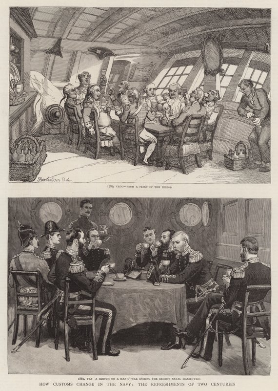 Jak zmieniają się zwyczaje w marynarce wojennej, posiłki w dwóch wiekach autorstwa Thomas Rowlandson