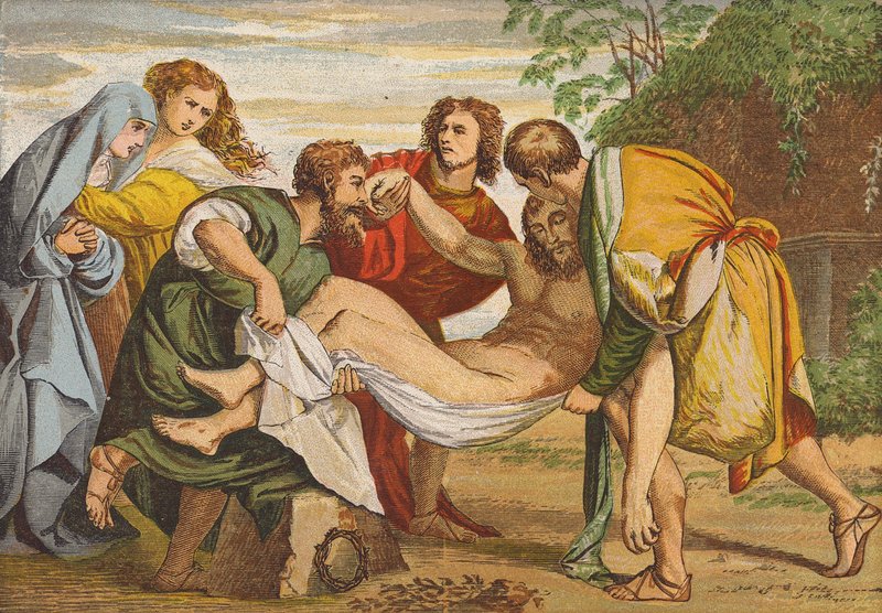 Józef z Arymatei składający ciało Jezusa w grobie (kolorowa litografia) autorstwa Titian (c.1488 1576) (after)