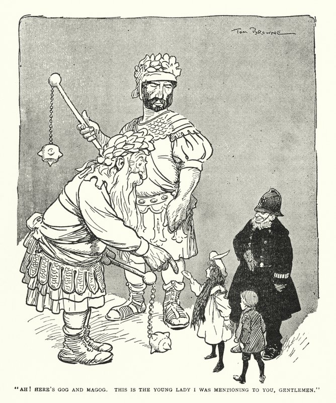 „Ach! Oto Gog i Magog. To ta młoda dama, o której wam wspominałem, panowie” (litografia) autorstwa Tom Browne