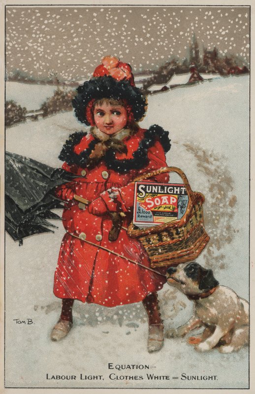 Dziewczyna wraca do domu po śniegu: reklama mydła Sunlight (chromolitho) autorstwa Tom Browne