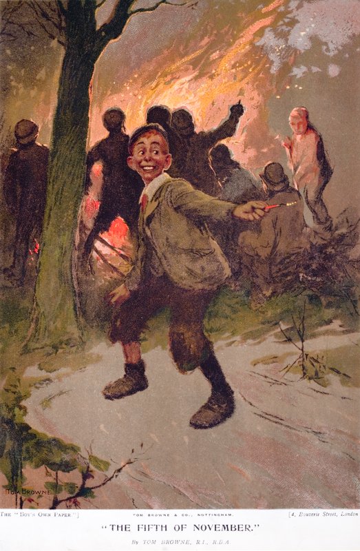 Piąty listopada, podekscytowany chłopiec na Bonfire Night (kolor lito) autorstwa Tom Browne