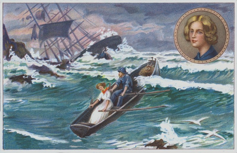 Grace Darling wypływa z ojcem na ratunek rozbitkom z rozbitego statku "Forfarshire" w 1838 roku. (chromolitho) autorstwa Unknown artist