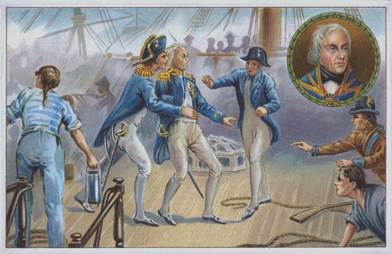 Lord Nelson ranny w bitwie pod Trafalgarem w 1805 r. (chromolitho) autorstwa Unknown artist