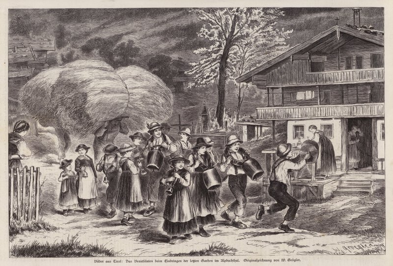 Tradycyjne bicie w dzwony z okazji zakończenia żniw w Alpbachtal, Tyrol, Austria (rycina) autorstwa Unknown artist