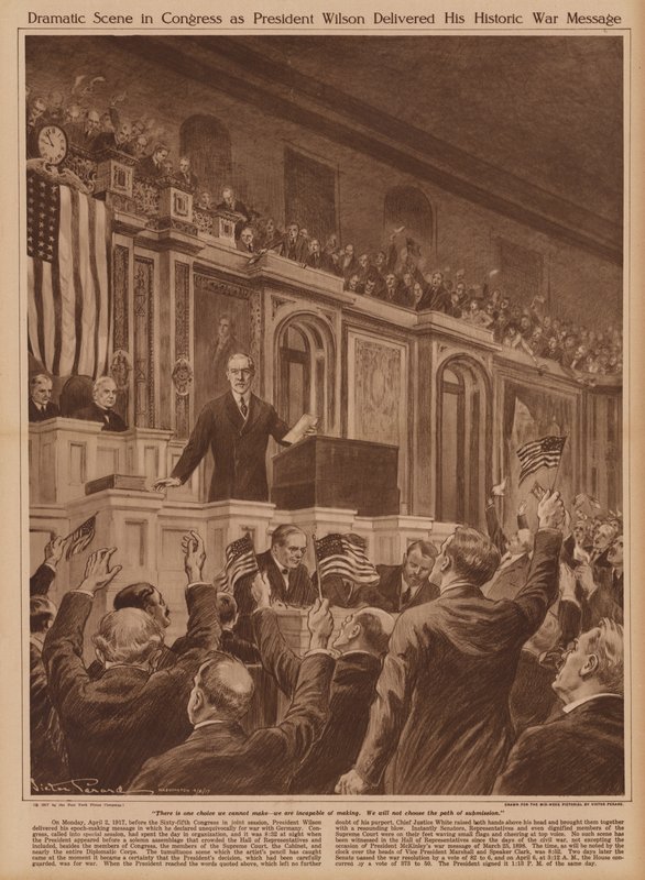 Prezydent USA Woodrow Wilson prosi Kongres o wypowiedzenie wojny Niemcom autorstwa V. Perard