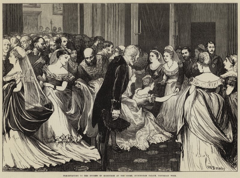 Prezentacje przed księżną Edynburga na dworze, Pałac Buckingham, wczorajszy tydzień autorstwa Valentine Walter Lewis Bromley
