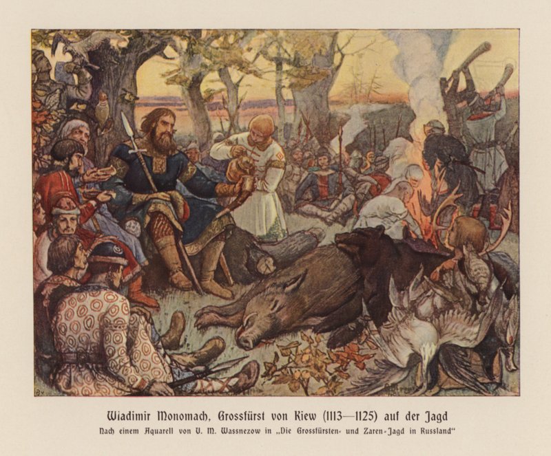 Włodzimierz II Monomach, wielki książę Rusi Kijowskiej na polowaniu (kolorowa litografia) autorstwa Victor Mikhailovich (after) Vasnetsov
