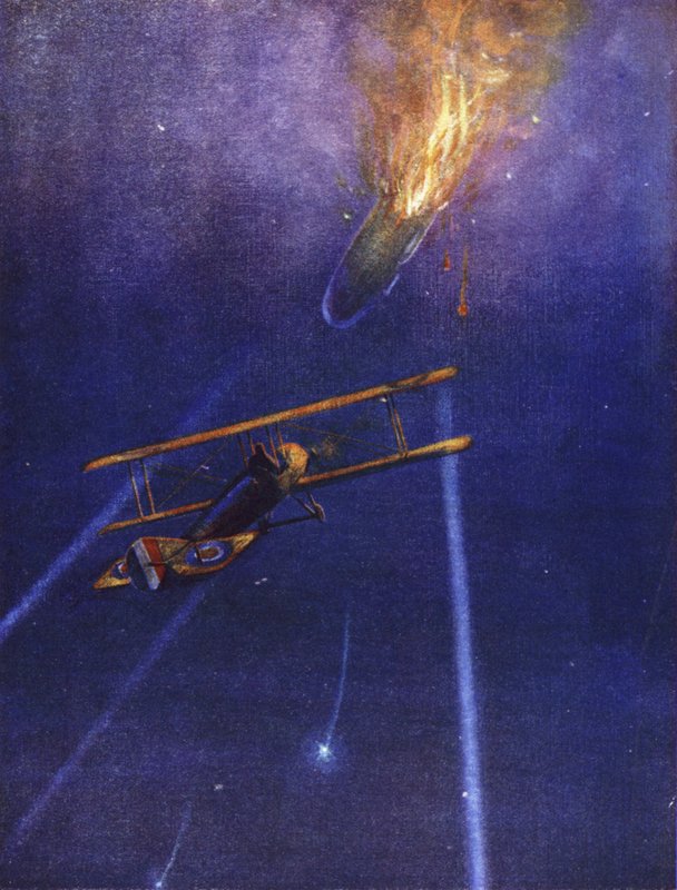 Porucznik William Leefe Robinson atakuje wrogi statek powietrzny i sprowadza go w płomieniach nad Cuffley, Hertfordshire, wrzesień 1916 autorstwa W. Avis