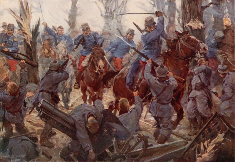 Szarża francuskiej lekkiej kawalerii w Lassigny (kolor lito) autorstwa W.R.S. (after) Stott