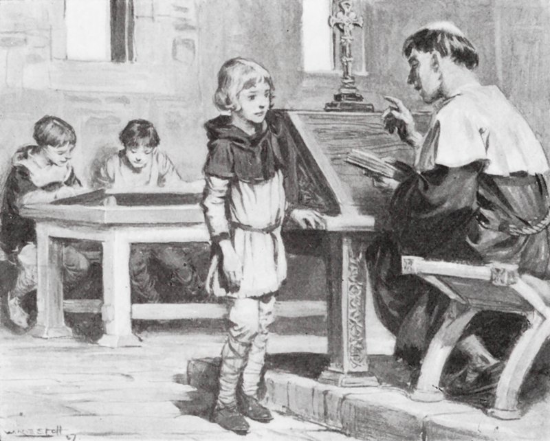 Młody Cuthbert w szkole (litografia) autorstwa W.R.S. (after) Stott