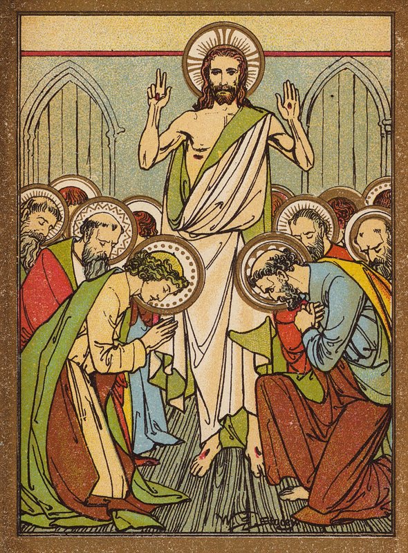 Jezus ukazuje się apostołom w Jerozolimie (kolorowa litografia) autorstwa W.S. Stacey
