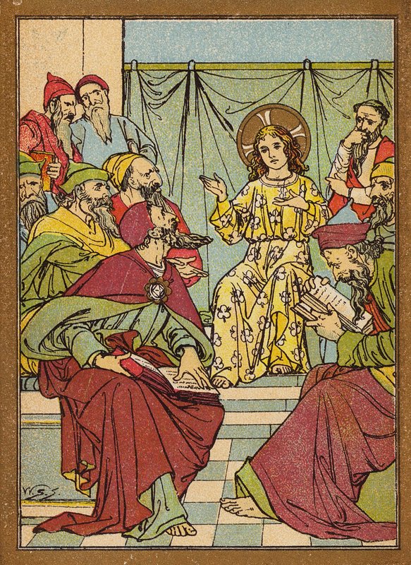 Jezus w świątyni rozmawiający z lekarzami (kolorowa litografia) autorstwa W.S. Stacey
