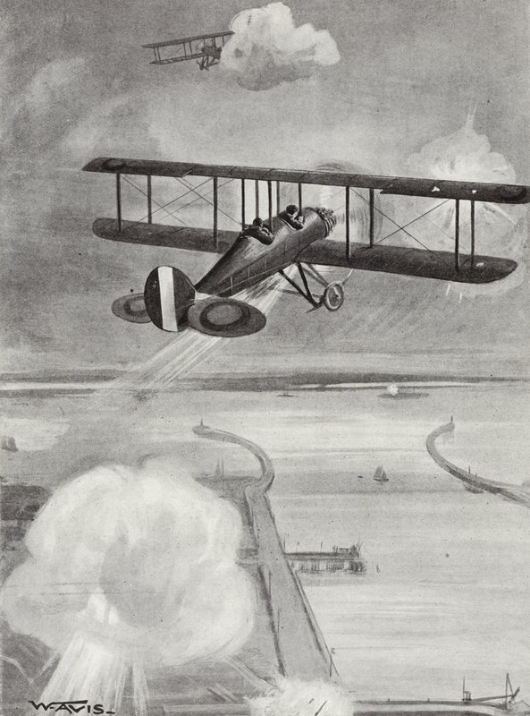 Dowódca eskadry Richard Davies i porucznik Richard Peirse zrzucają bomby na stację podwodną w Zeebrugge pod ciężkim ostrzałem, 23 stycznia 1915 autorstwa W. Avis