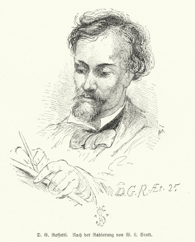 Dante Gabriel Rossetti, brytyjski poeta, ilustrator, malarz i tłumacz, jeden z założycieli Bractwa Prerafaelitów (lito) autorstwa W. Bell (after) Scott