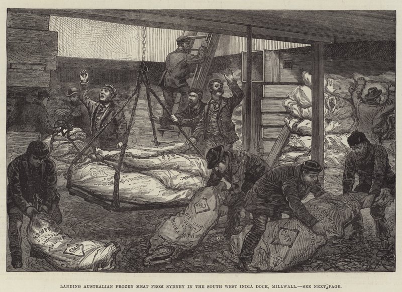 Lądowanie australijskiego mrożonego mięsa z Sydney w South West India Dock, Millwall autorstwa Walter Paget