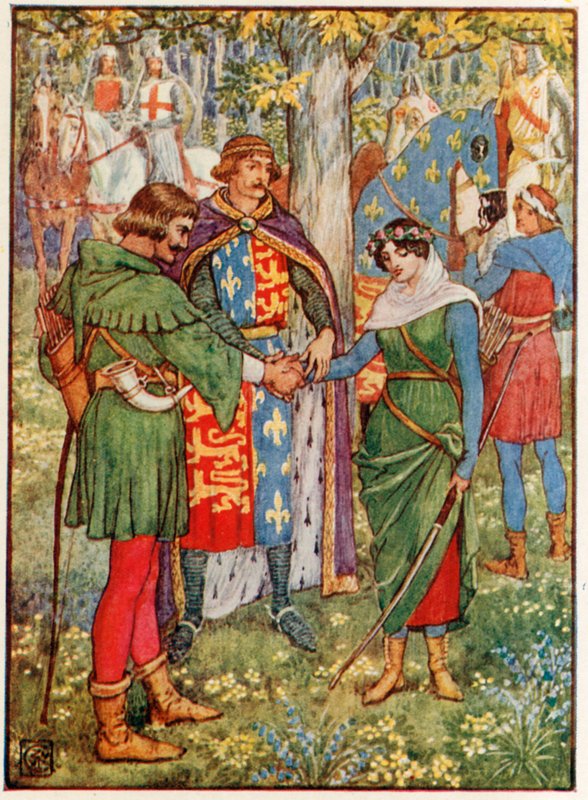 Król łączy ręce z Robin Hoodem i pokojówką Marian autorstwa Walter Crane