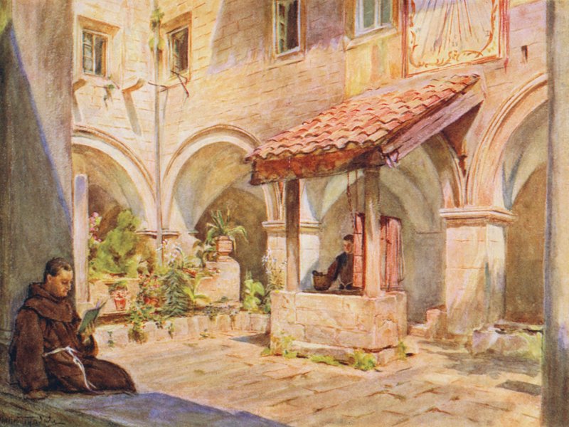 Górny krużganek w San Francesco, Ragusa (kolorowa litografia) autorstwa Walter Frederick Roofe Tyndale