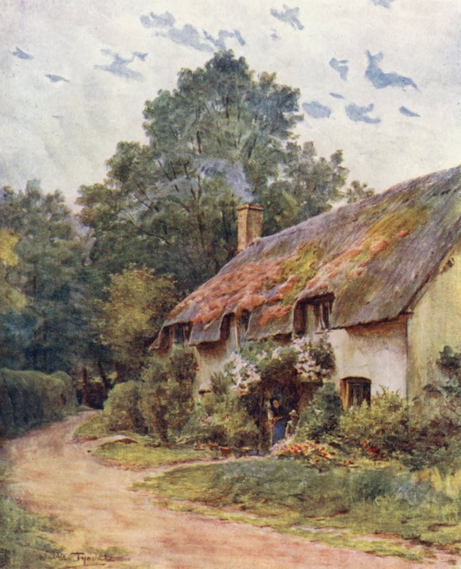 Wessex: Typowa chata Wessex (kolorowa litografia) autorstwa Walter Frederick Roofe Tyndale