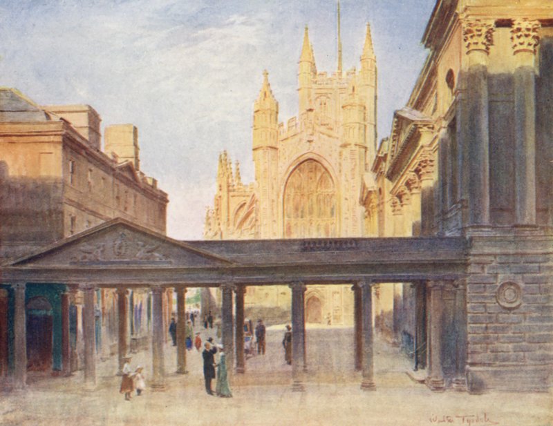 Wessex: Opactwo i pijalnia w Bath (kolorowa litografia) autorstwa Walter Frederick Roofe Tyndale