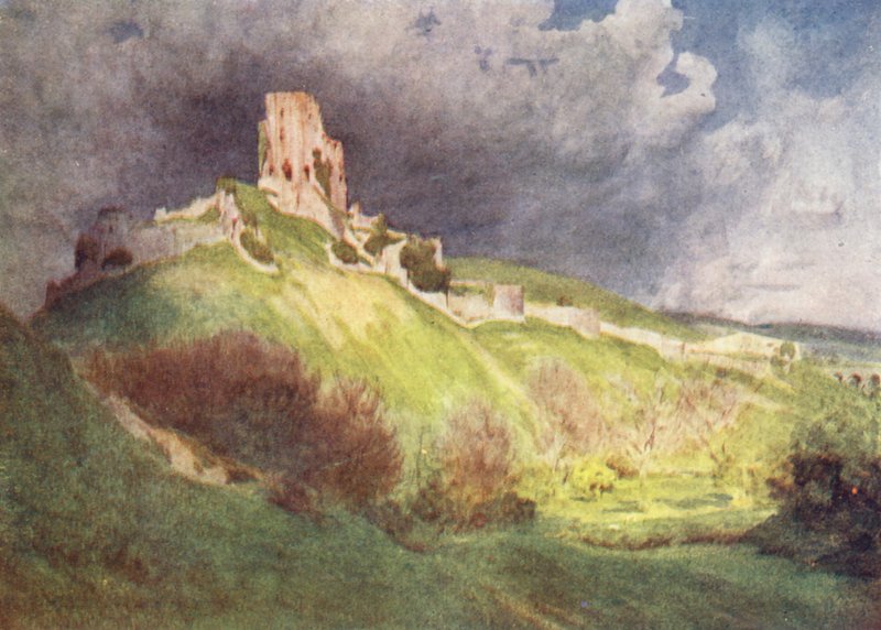 Wessex: Corfe Castle, The "Corvesgate Castle" of The Hand of Ethelberta (kolorowa litografia) autorstwa Walter Frederick Roofe Tyndale