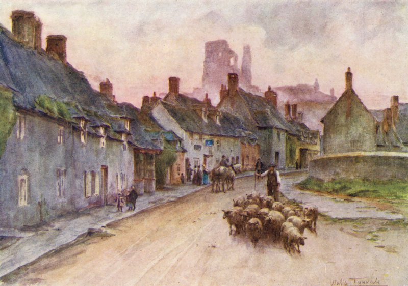 Wessex: Corfe Castle z West Street (kolorowa litografia) autorstwa Walter Frederick Roofe Tyndale