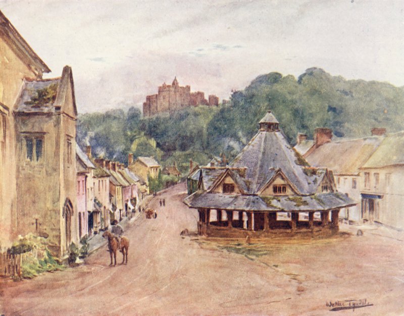Wessex: Zamek Dunster i targ przędzy (kolorowa litografia) autorstwa Walter Frederick Roofe Tyndale