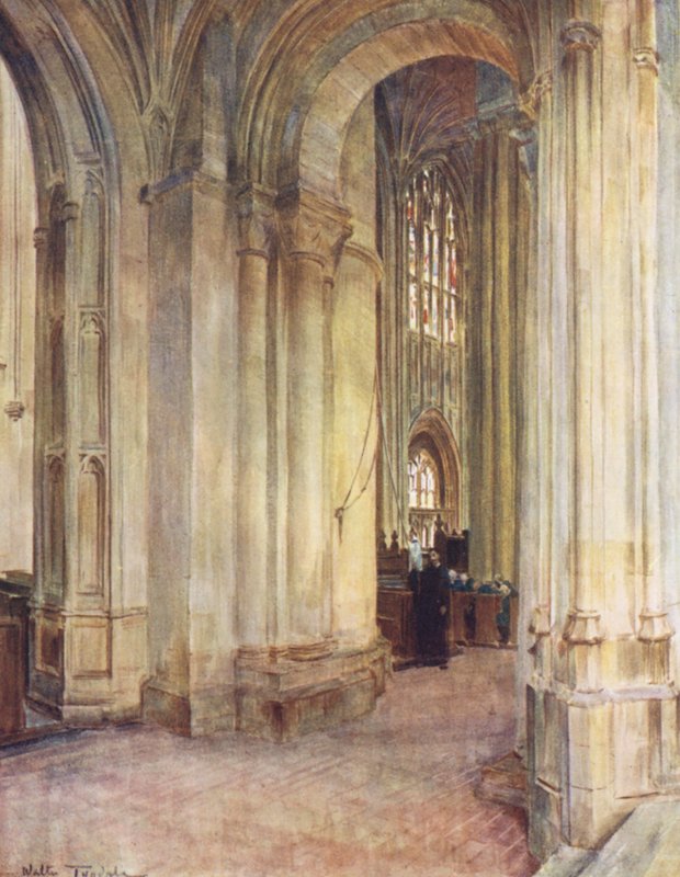 Wessex: Wnętrze opactwa, Sherborne (kolorowa litografia) autorstwa Walter Frederick Roofe Tyndale