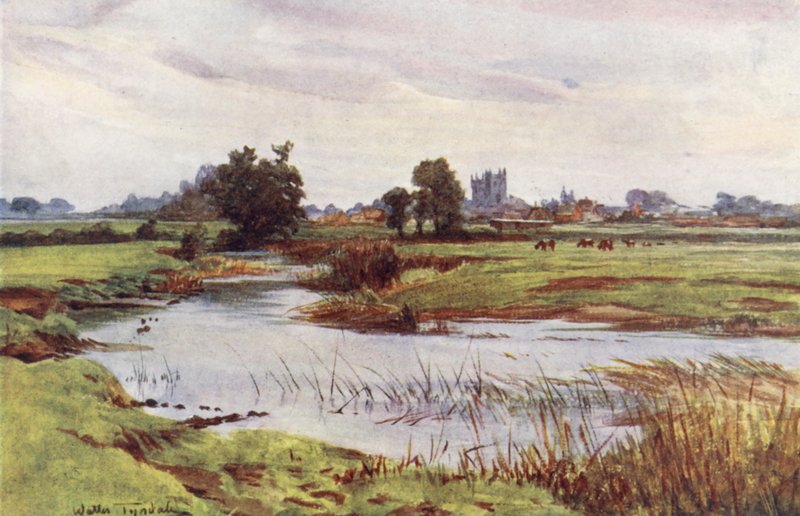 Wessex: The Stour, Wimborne Minster w oddali (kolorowa litografia) autorstwa Walter Frederick Roofe Tyndale