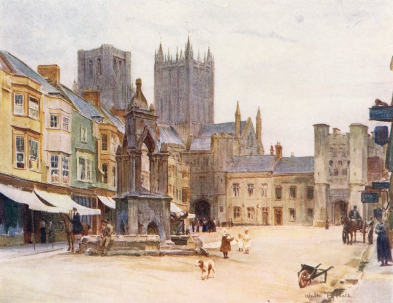 Wessex: Rynek, Wells (kolorowa litografia) autorstwa Walter Frederick Roofe Tyndale