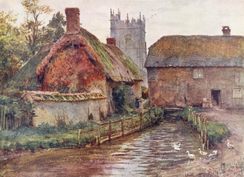 Wessex: Młyn i kościół w Affpuddle, niedaleko Dorchester (kolorowa litografia) autorstwa Walter Frederick Roofe Tyndale