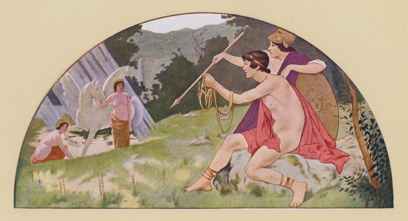Bellerophon otrzymujący od Minerwy skrzydlatego konia Pegaza (kolorowa litografia) autorstwa Walter MacEwen