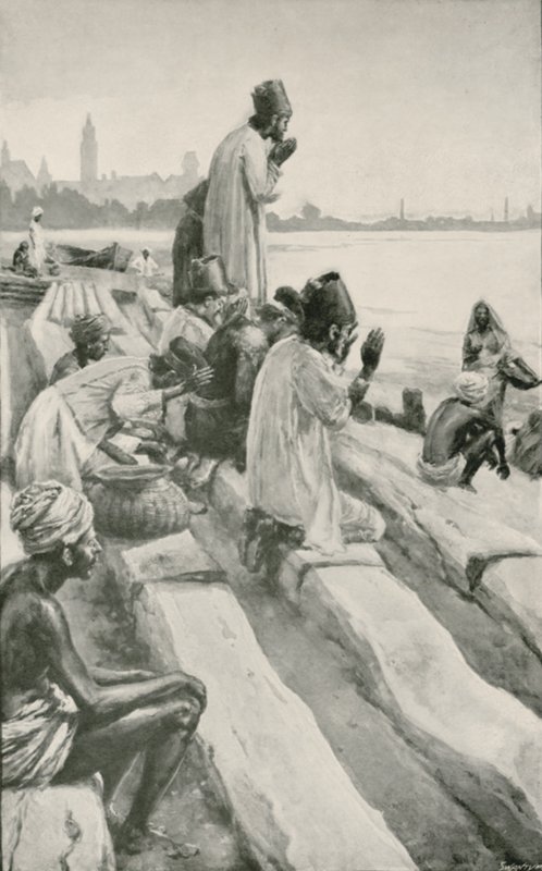 Parsis wielbi wschodzące słońce na plaży w Bombaju autorstwa Walter Stanley Paget