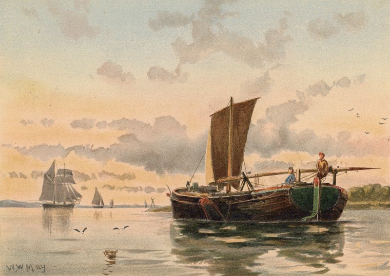 Barka spuszczająca wodę z rzeki Medway (kolorowa litografia) autorstwa Walter William May